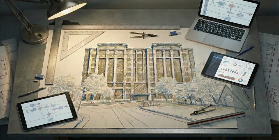 Design desk with a drawing of a civic building, service journey diagrams, and a dashboard